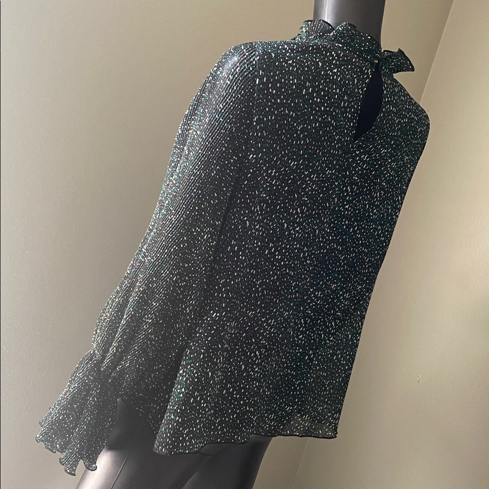 Zara Black & Green Speckled Sheer Blouse with Ruffle Cuffs - Picture 8 of 14